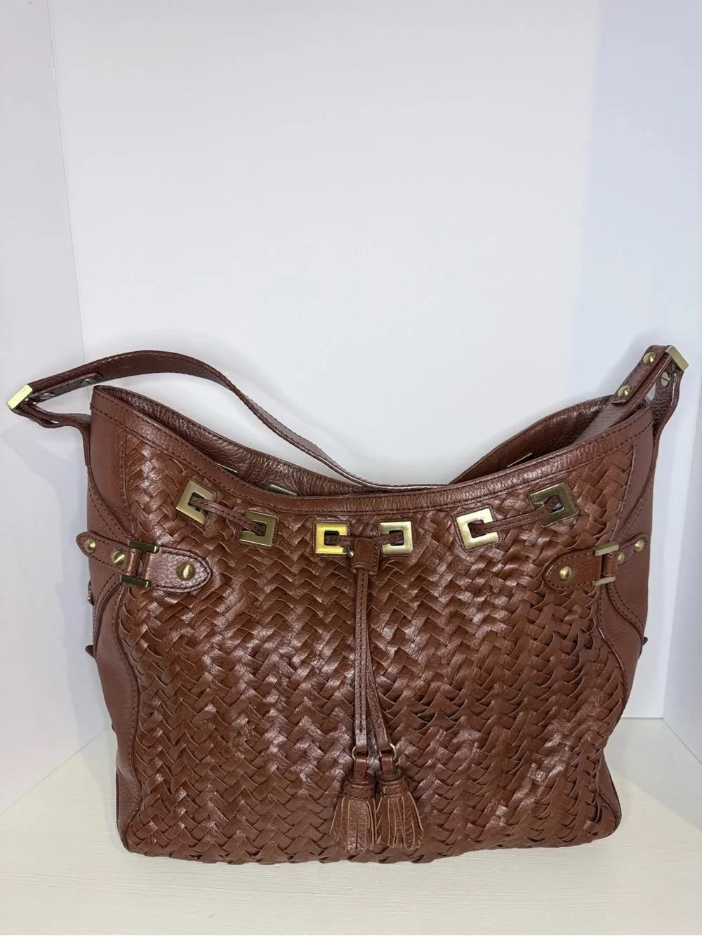 Cole Haan Brown Woven Leather Hobo Shoulder Bag Tassel Gold Hardware