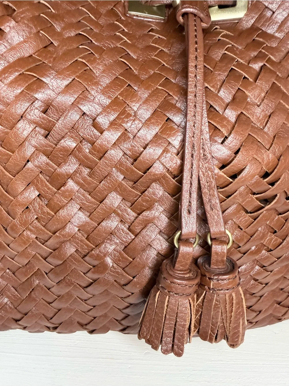 Cole Haan Brown Woven Leather Hobo Shoulder Bag Tassel Gold Hardware