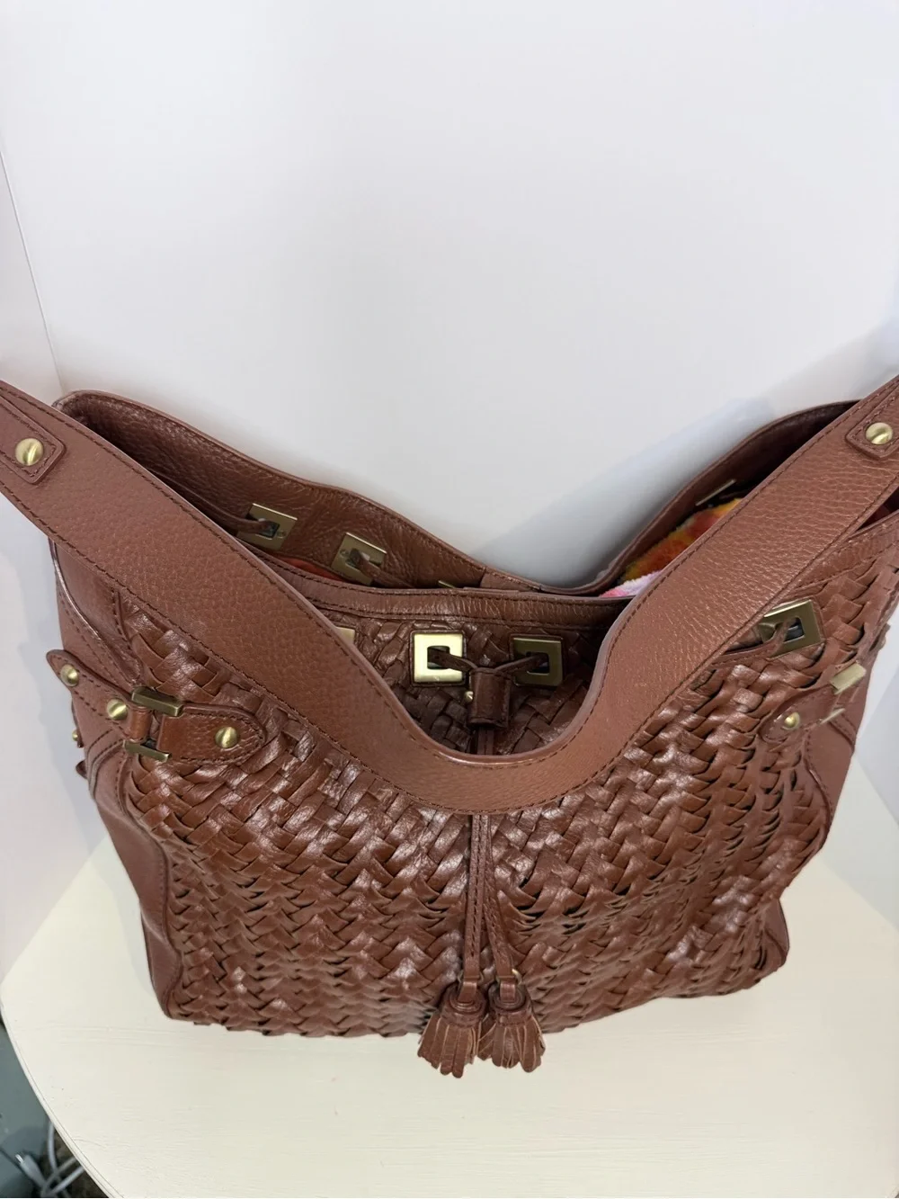 Cole Haan Brown Woven Leather Hobo Shoulder Bag Tassel Gold Hardware