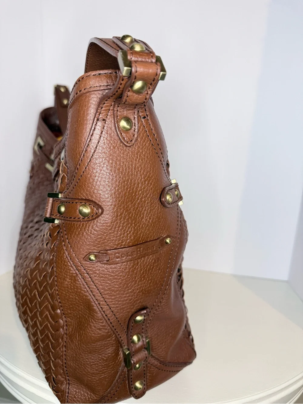 Cole Haan Brown Woven Leather Hobo Shoulder Bag Tassel Gold Hardware