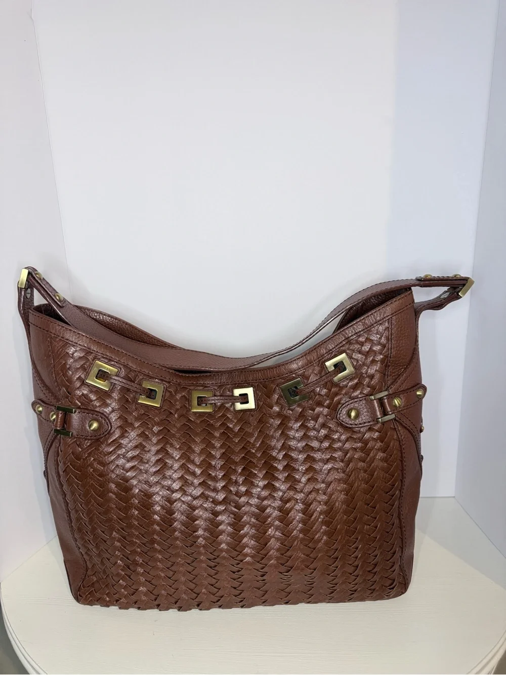 Cole Haan Brown Woven Leather Hobo Shoulder Bag Tassel Gold Hardware