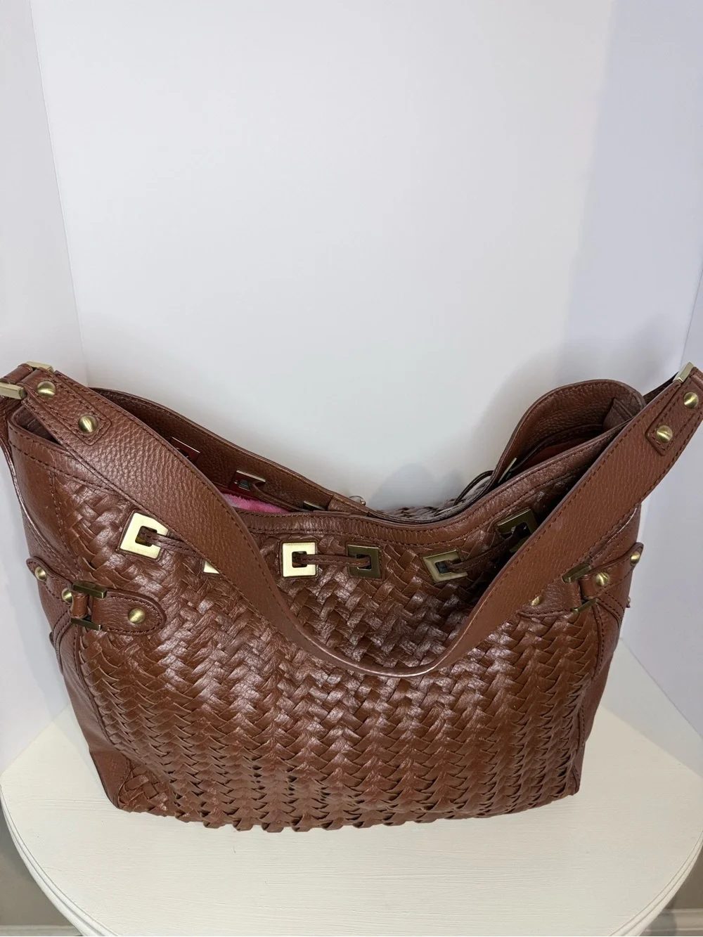 Cole Haan Brown Woven Leather Hobo Shoulder Bag Tassel Gold Hardware