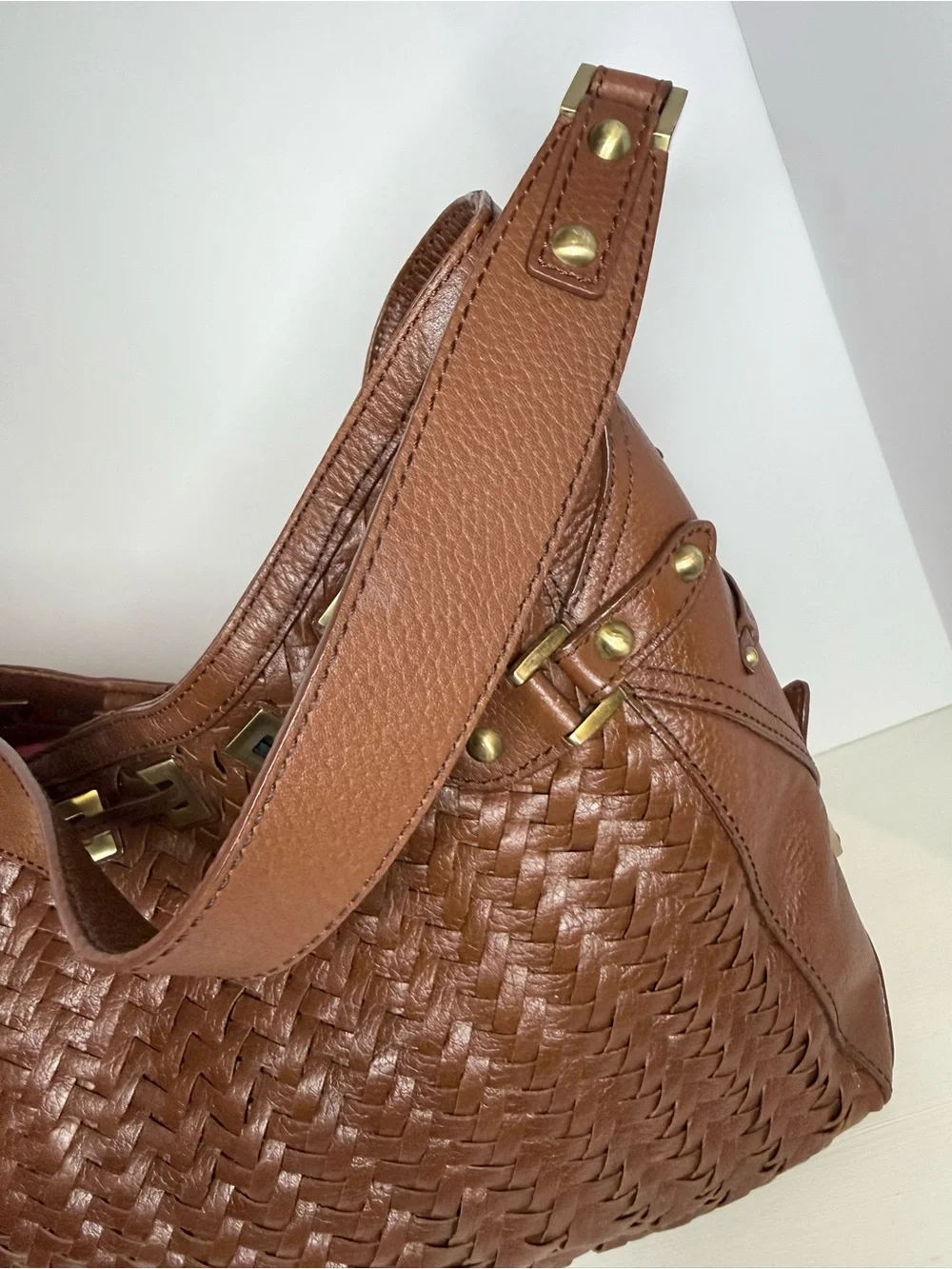 Cole Haan Brown Woven Leather Hobo Shoulder Bag Tassel Gold Hardware