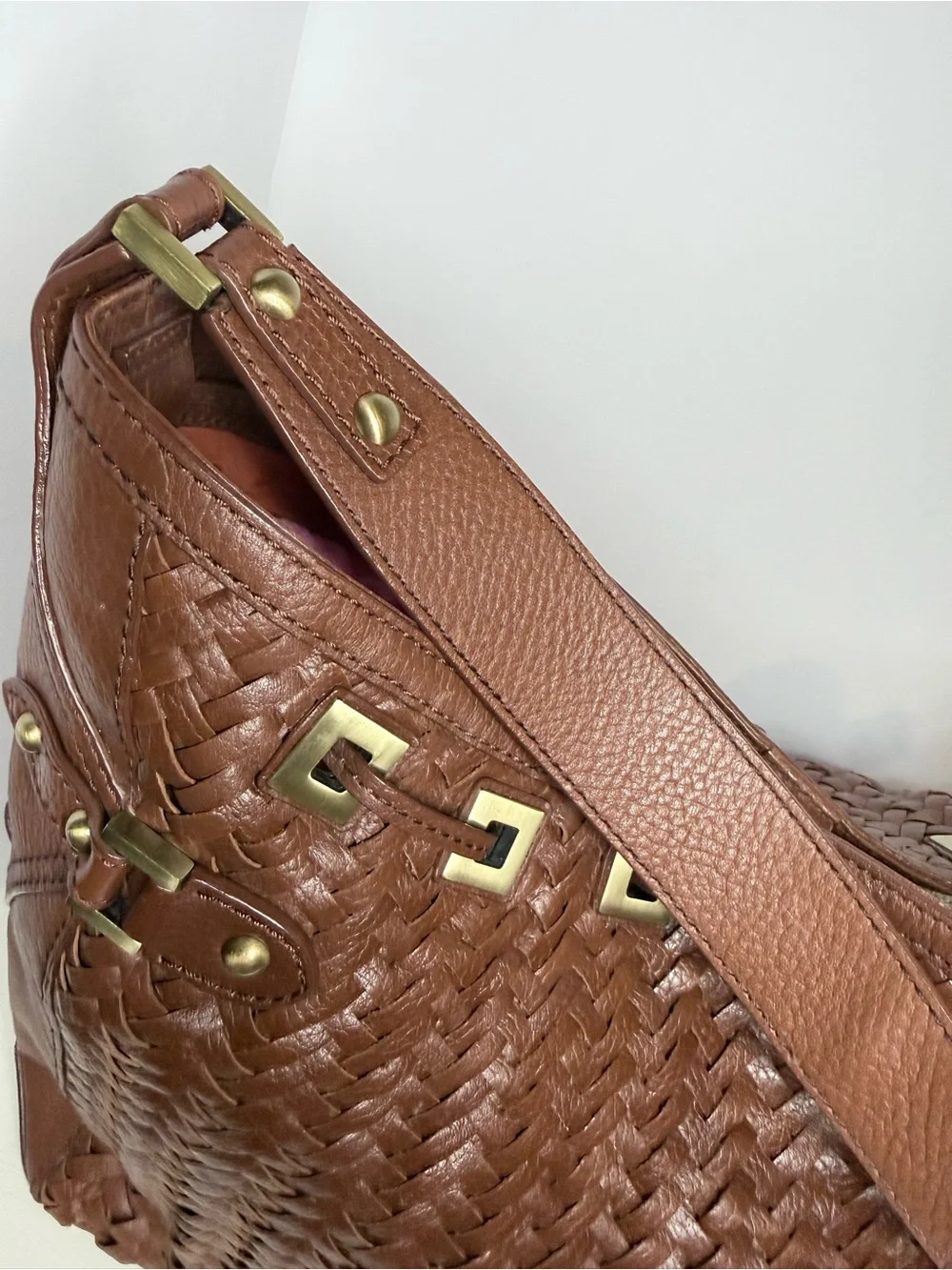Cole Haan Brown Woven Leather Hobo Shoulder Bag Tassel Gold Hardware