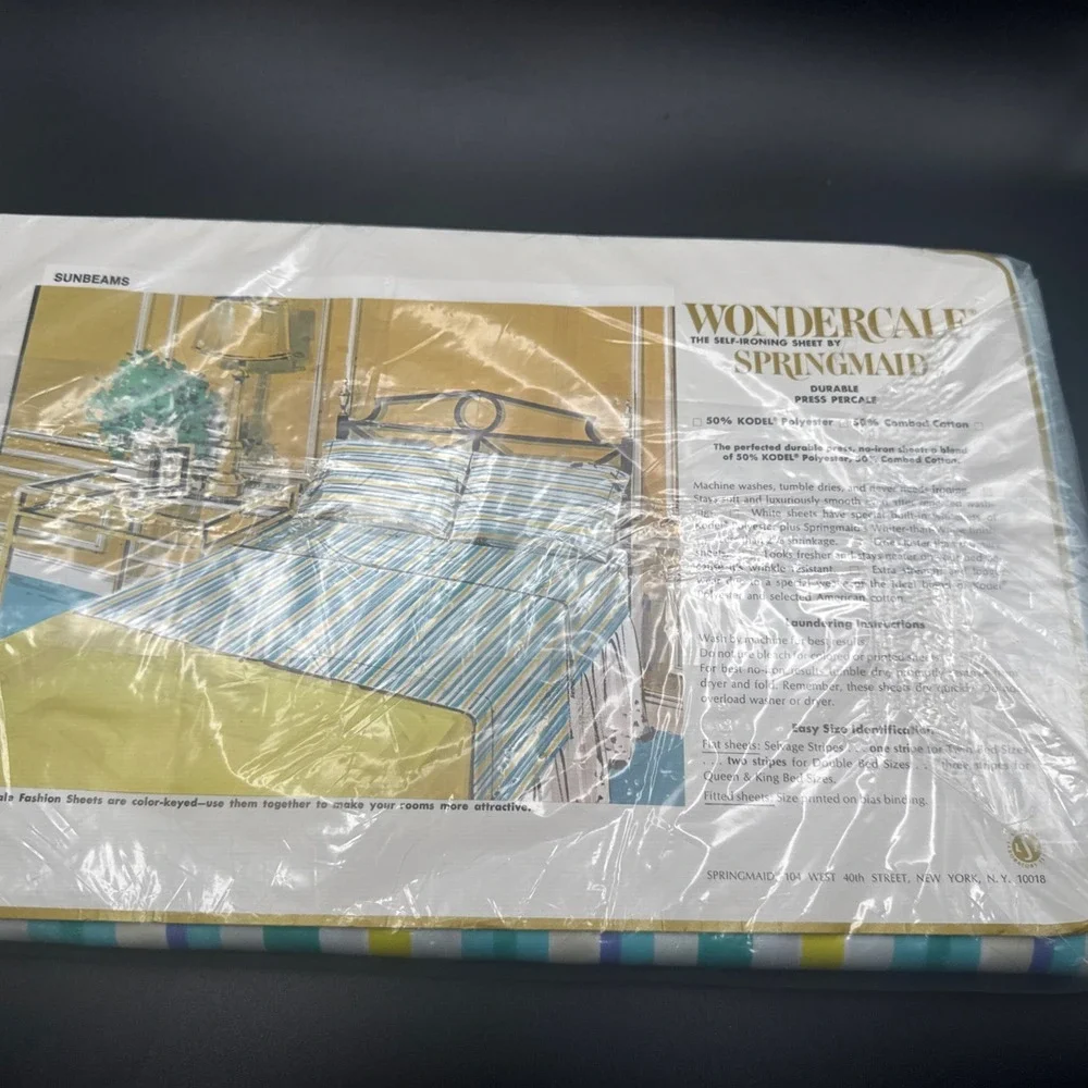 Vintage Springmaid Combed Percale Sheet Retro Stripes FULL FLAT Aqua Blue Fabric
