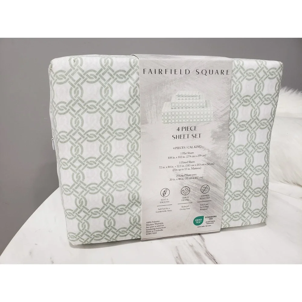 NEW CALI KING Sage Interlocking CALI FOUR PIECE SHEET SET FITTED FLAT MINIMALIST