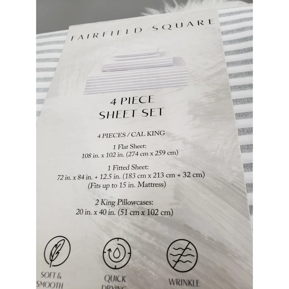 GRAY WHITE STRIPE FAIRFIELD SQUARE 4 PIECE SHEET SET CALIFORNIA KING CALI FITTED