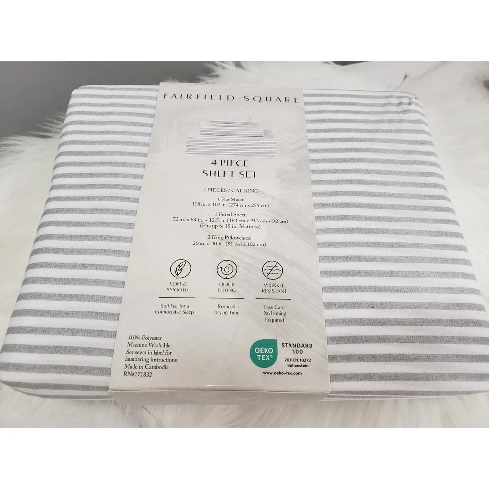 GRAY WHITE STRIPE FAIRFIELD SQUARE 4 PIECE SHEET SET CALIFORNIA KING CALI FITTED