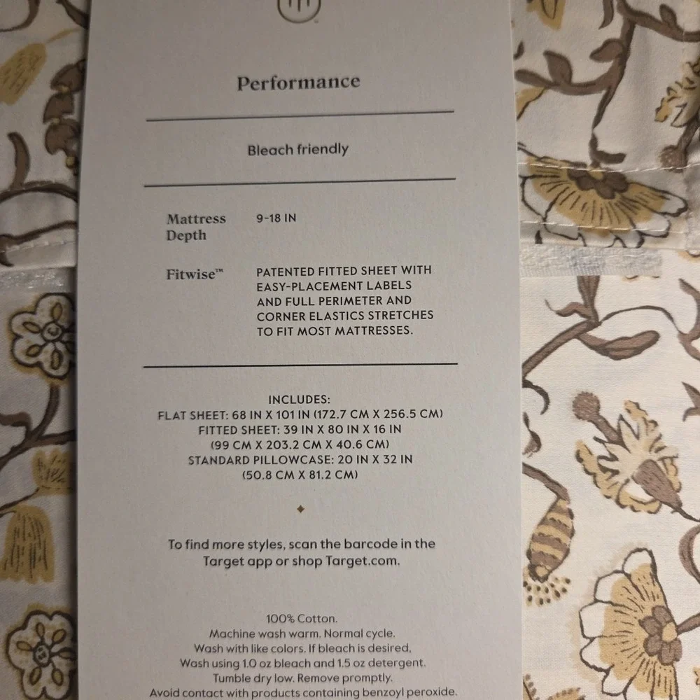 Twin/Twin XL 400 Thread Count Performance Sheet Set Cool Floral - Threshold‎ NEW