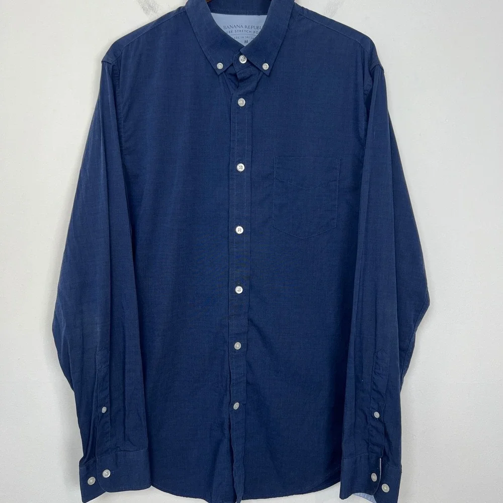 Banana Republic Luxe Stretch Poplin Grant Slim Fit Button Down Shirt Navy Mens M