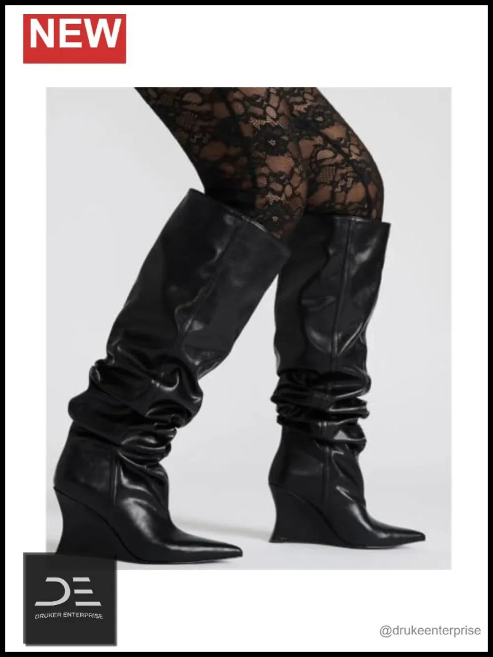 Over the Knee Boots Wedge Heel Wide Calf Ruched Slouchy Pull On Pointed Toe