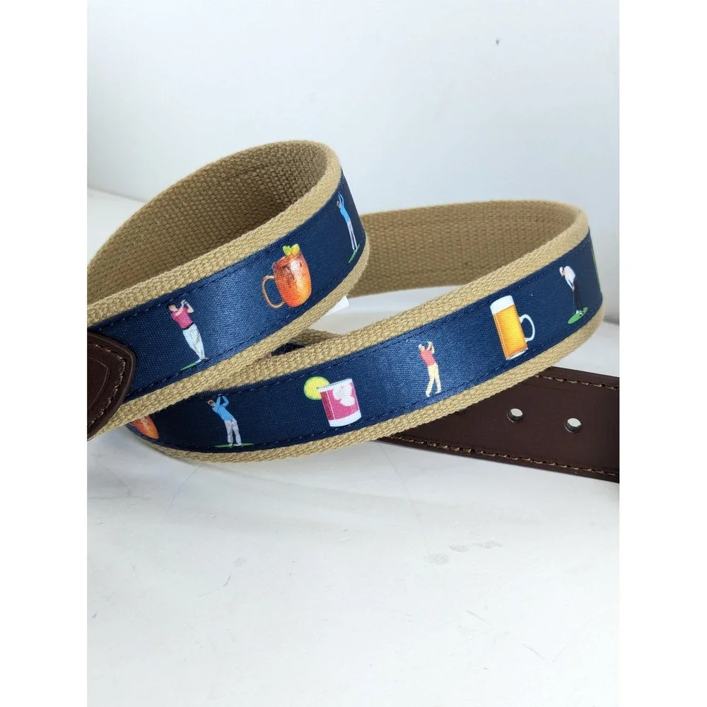Pebble Beach Mens Golf Belt Size 40 Khaki Canvas Leather Tabs Novelty Cocktails