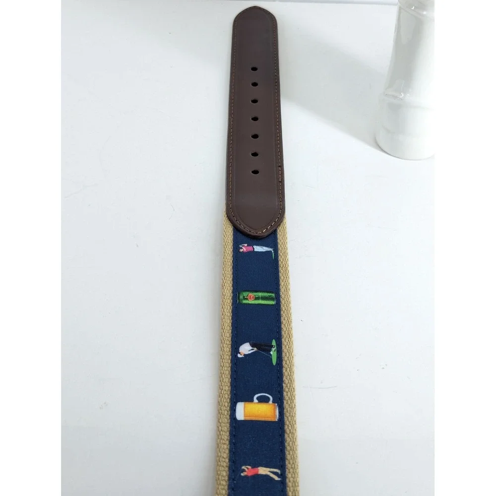 Pebble Beach Mens Golf Belt Size 40 Khaki Canvas Leather Tabs Novelty Cocktails