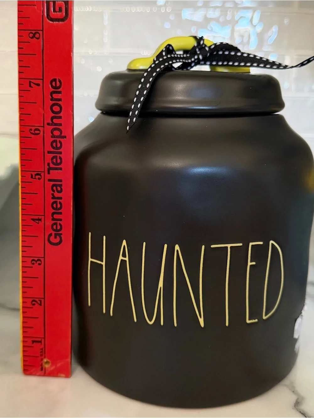 Rae Dunn Black Halloween Jar with Yellow Lettering