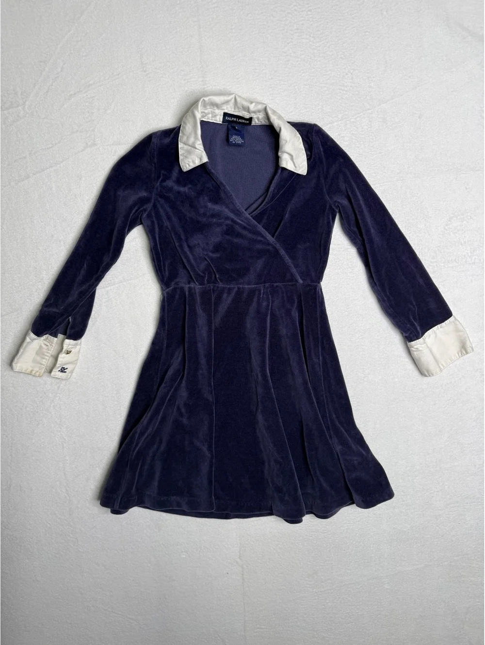 Ralph Lauren Girls Size 6 Navy Velour Dress Cream Collar Long Sleeve