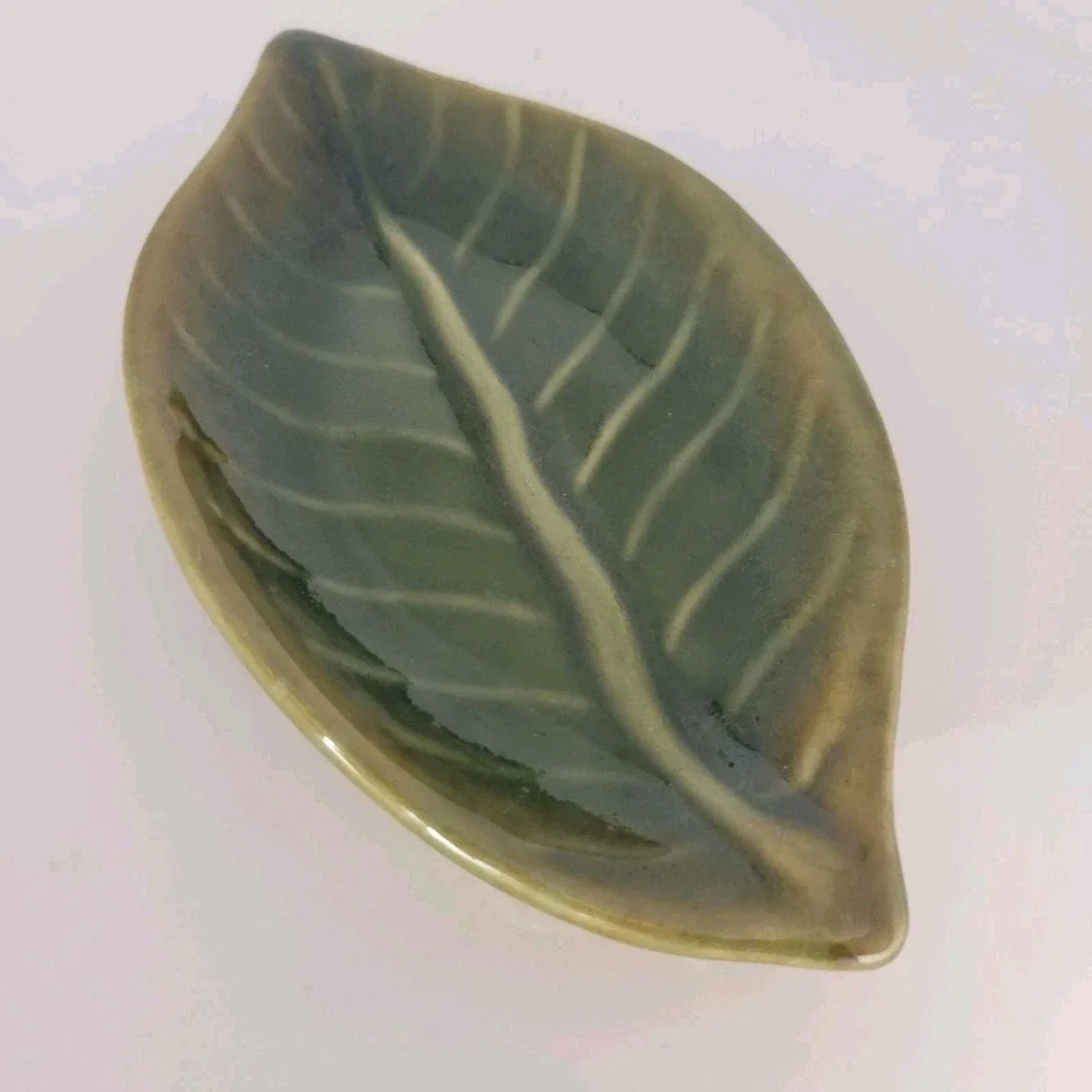 Pier 1 Leaf Dish Green Brown Pottery Trinket Tray 6