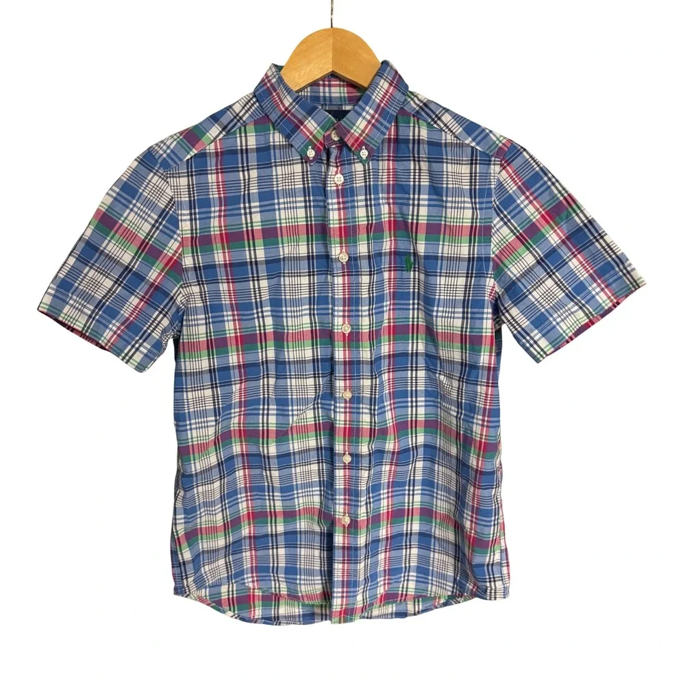 Ralph Lauren Boys‎ Blue Plaid Short Sleeve Button Down Shirt Size L 14-16 Cotton