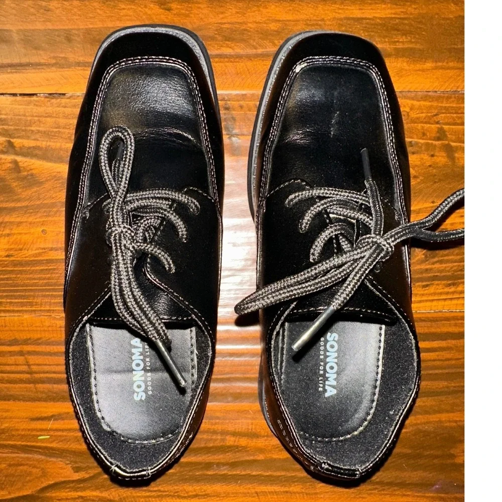Sonoma Boys Black Dress Shoes Square Toe Lace Up Oxfords Size 1 Med SNALEXANDER