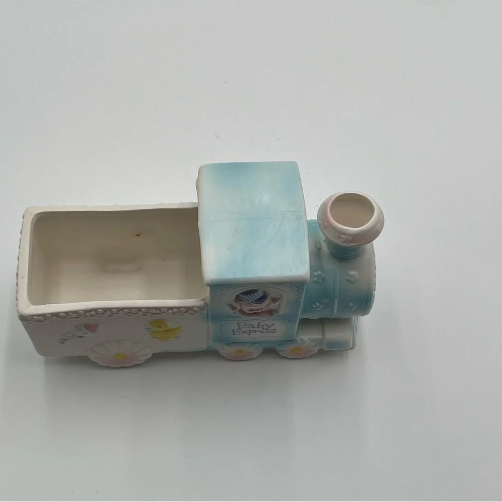 Vintage Napco Ceramic Planter Blue Baby Nursery Train Puppy Duck Rattle #6893