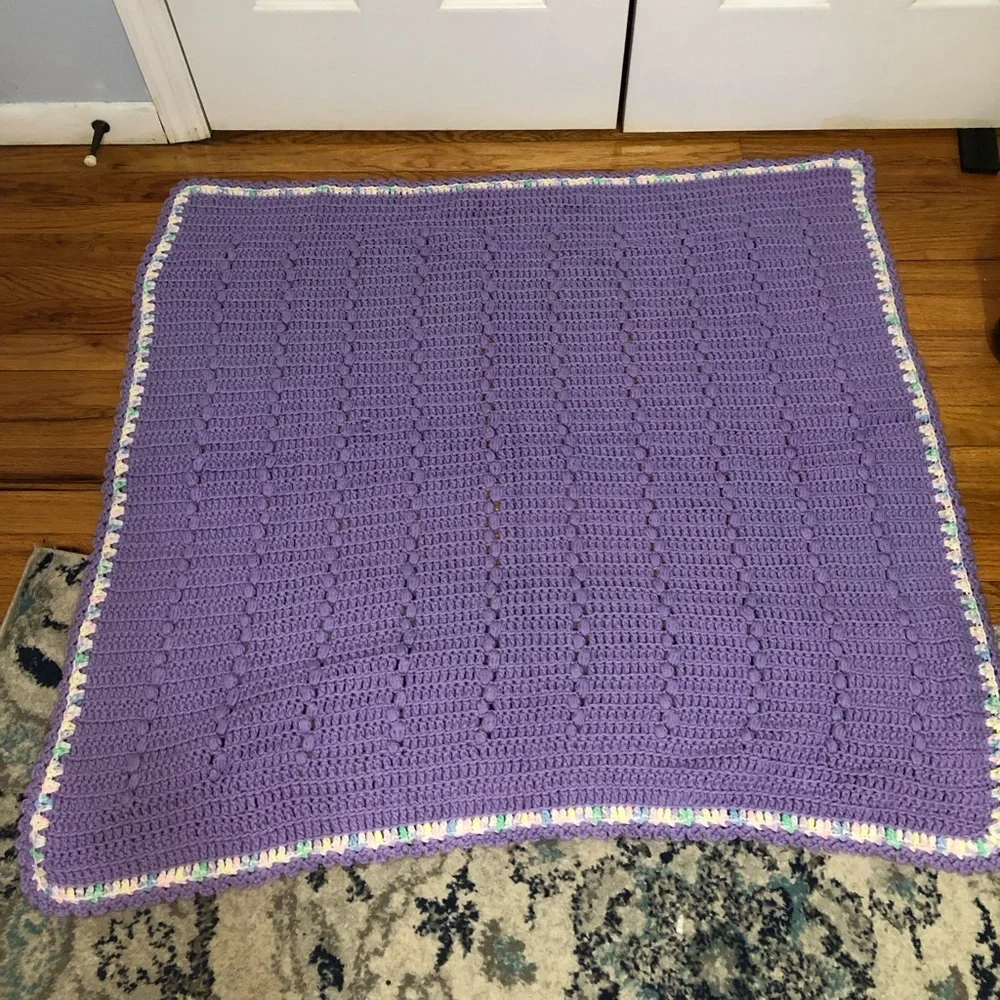 Baby blanket handmade crochet purple with‎ white multicolor trim 38” x 38”