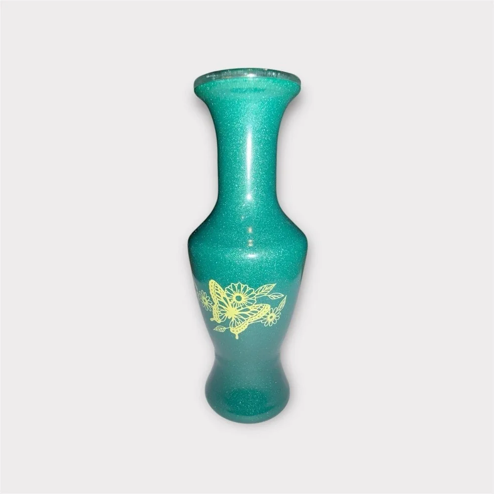 Emerald Green Glitter Glass Vase Butterfly and Floral Graphic Sparkle Decor