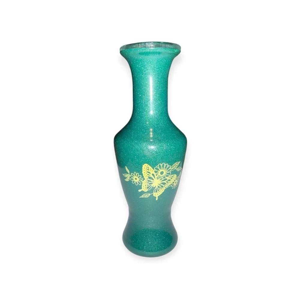 Emerald Green Glitter Glass Vase Butterfly and Floral Graphic Sparkle Decor