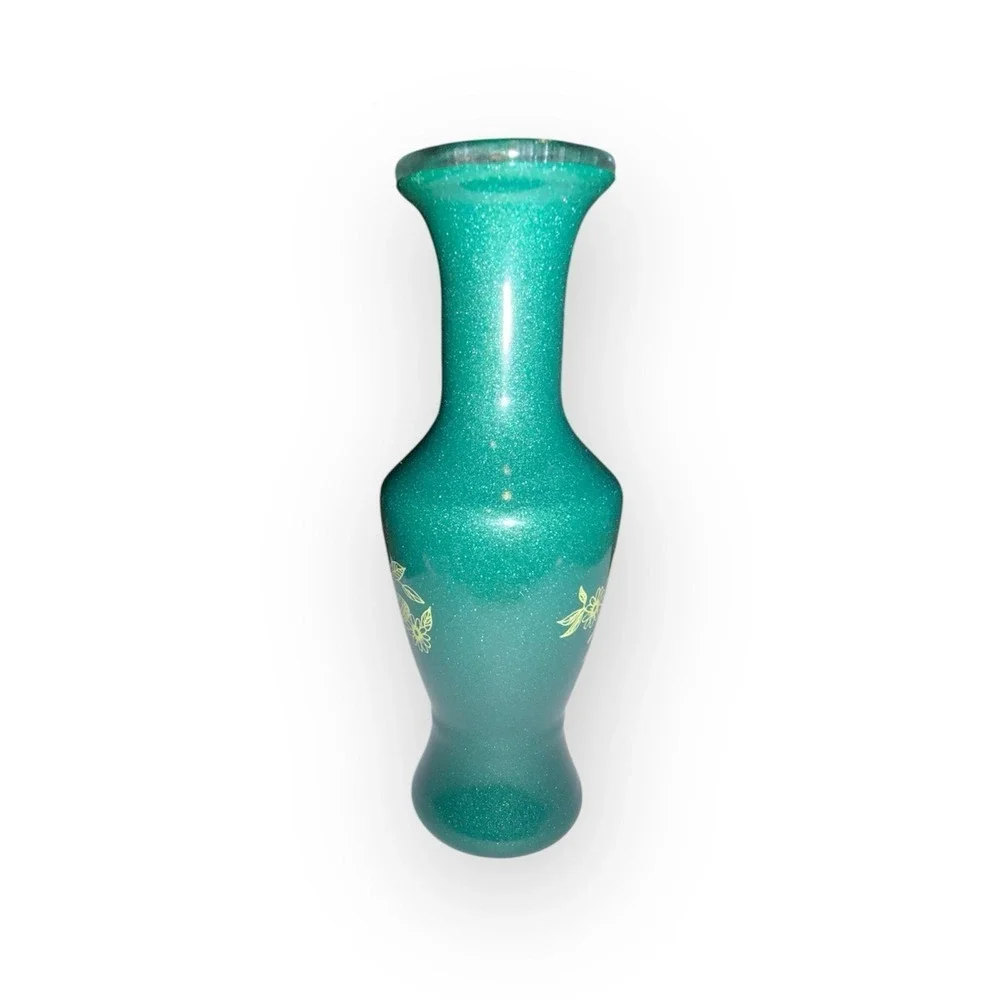 Emerald Green Glitter Glass Vase Butterfly and Floral Graphic Sparkle Decor
