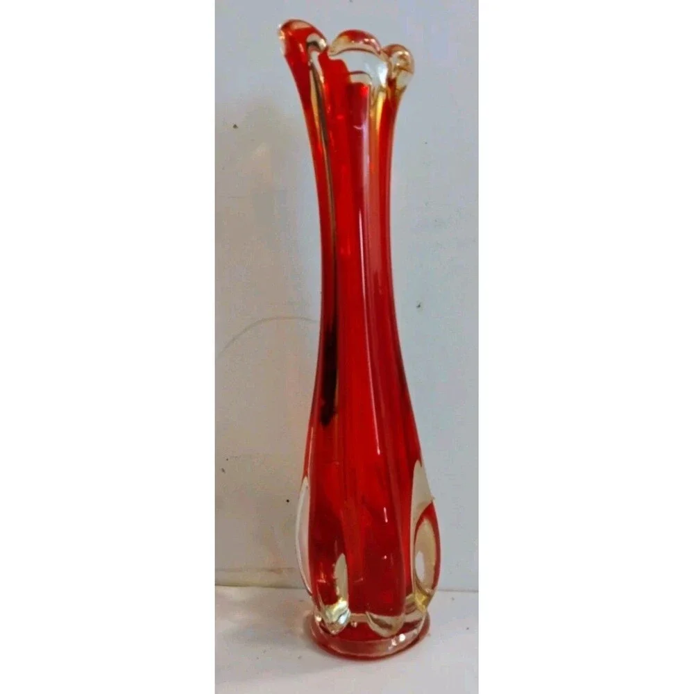 Vintage MCM Ruby Red Swung Glass Bud Vase 9