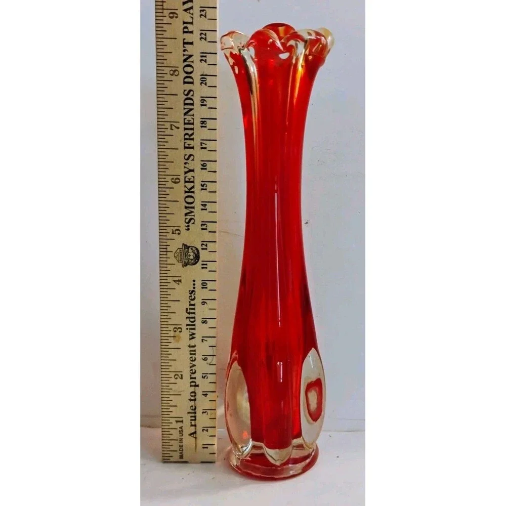 Vintage MCM Ruby Red Swung Glass Bud Vase 9
