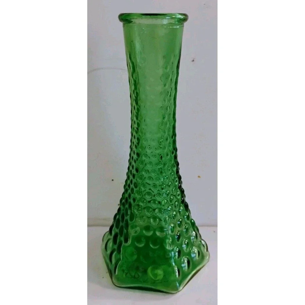 Vintage EO Brody Green Glass Hobnail Bud Vase 6