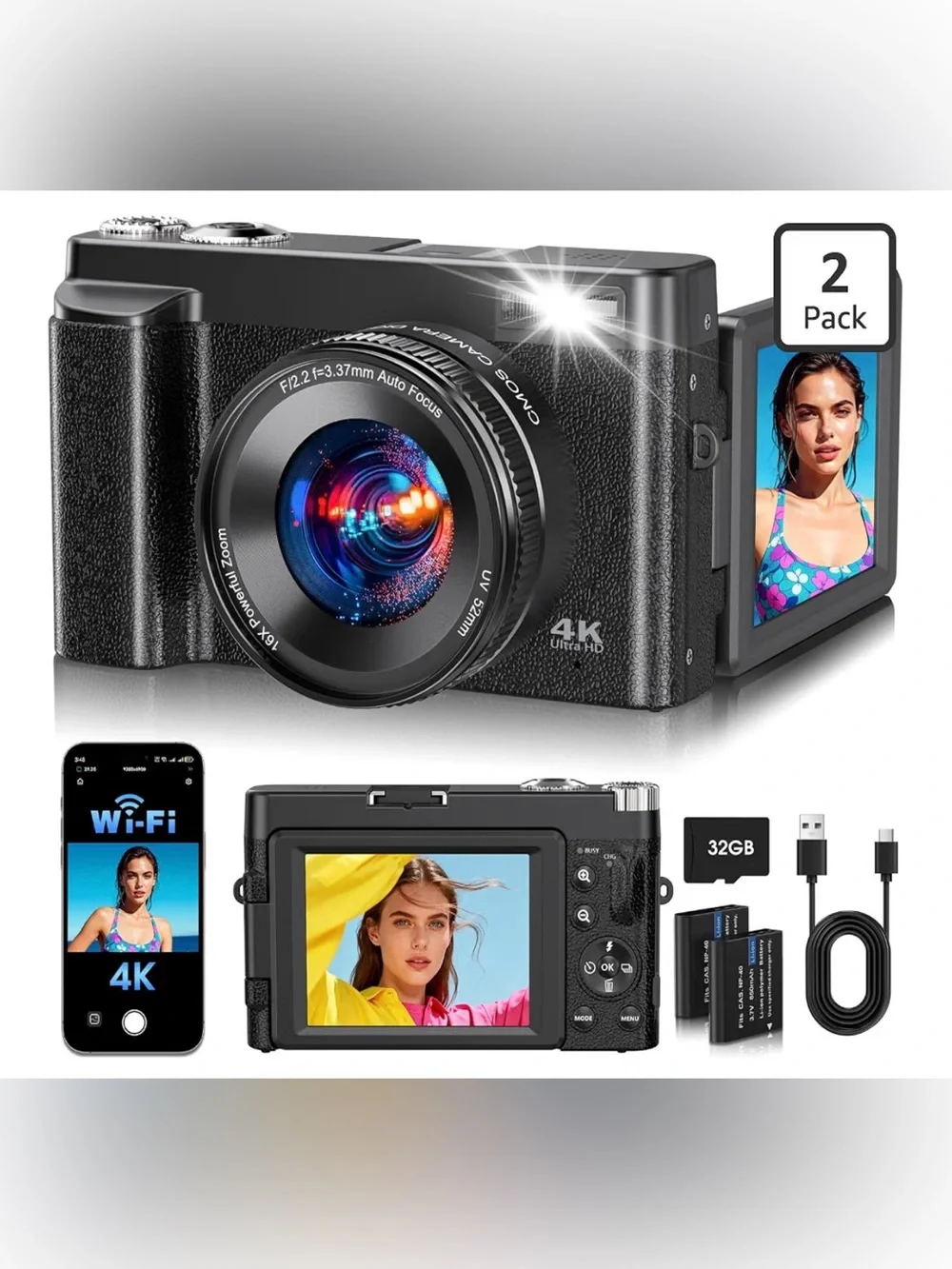 4K Digital Camera 64MP WiFi 180° Flip Screen Autofocus, Black Compact 16X ZOOM