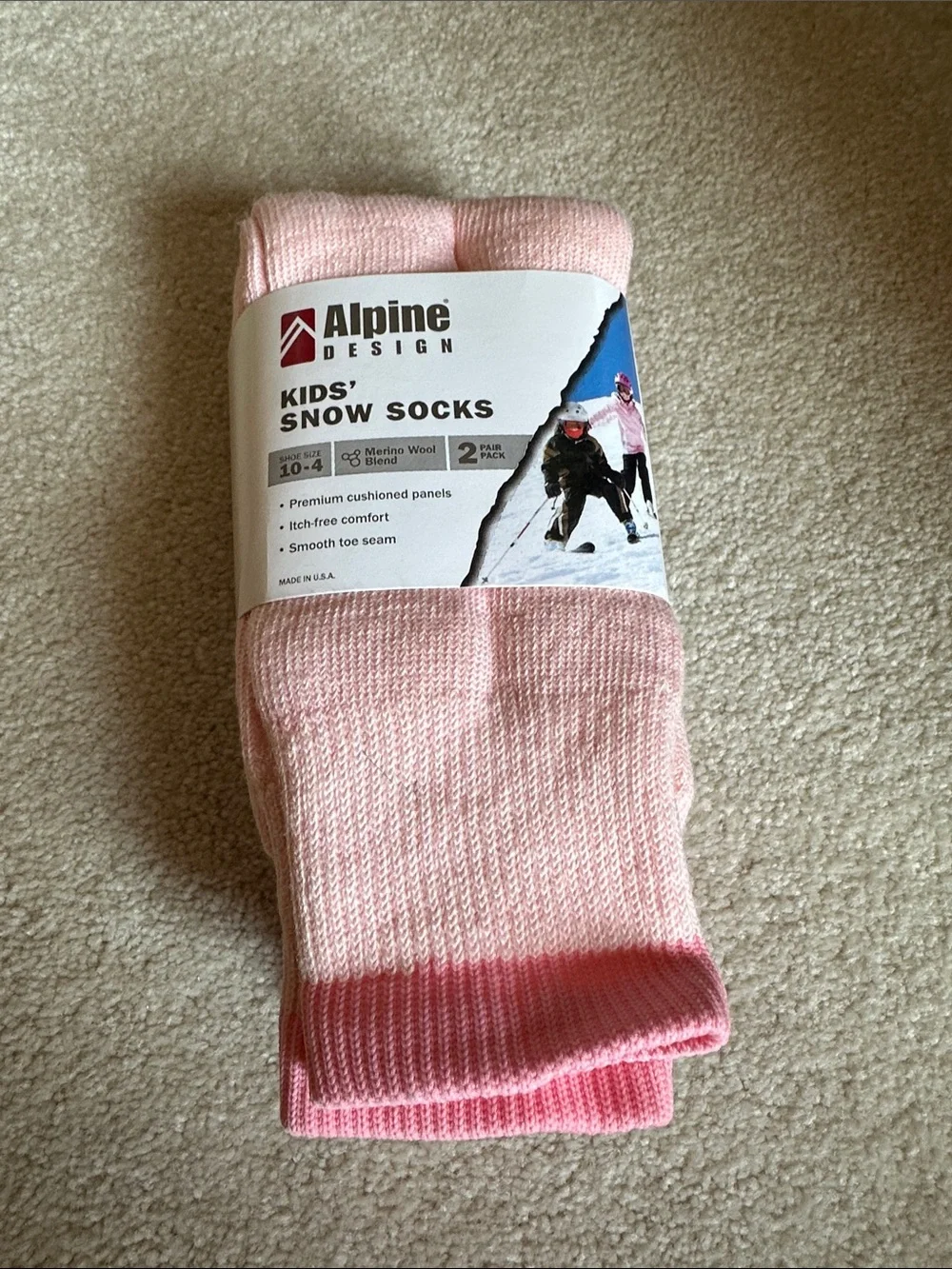 Alpine Design Kids' Pink Snow Socks - 2 pack - kid size 10-4