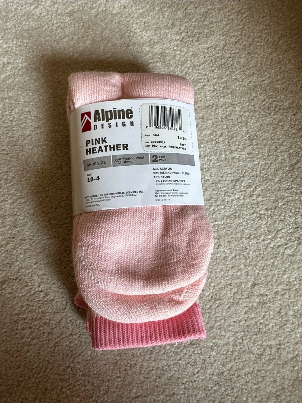 Alpine Design Kids' Pink Snow Socks - 2 pack - kid size 10-4