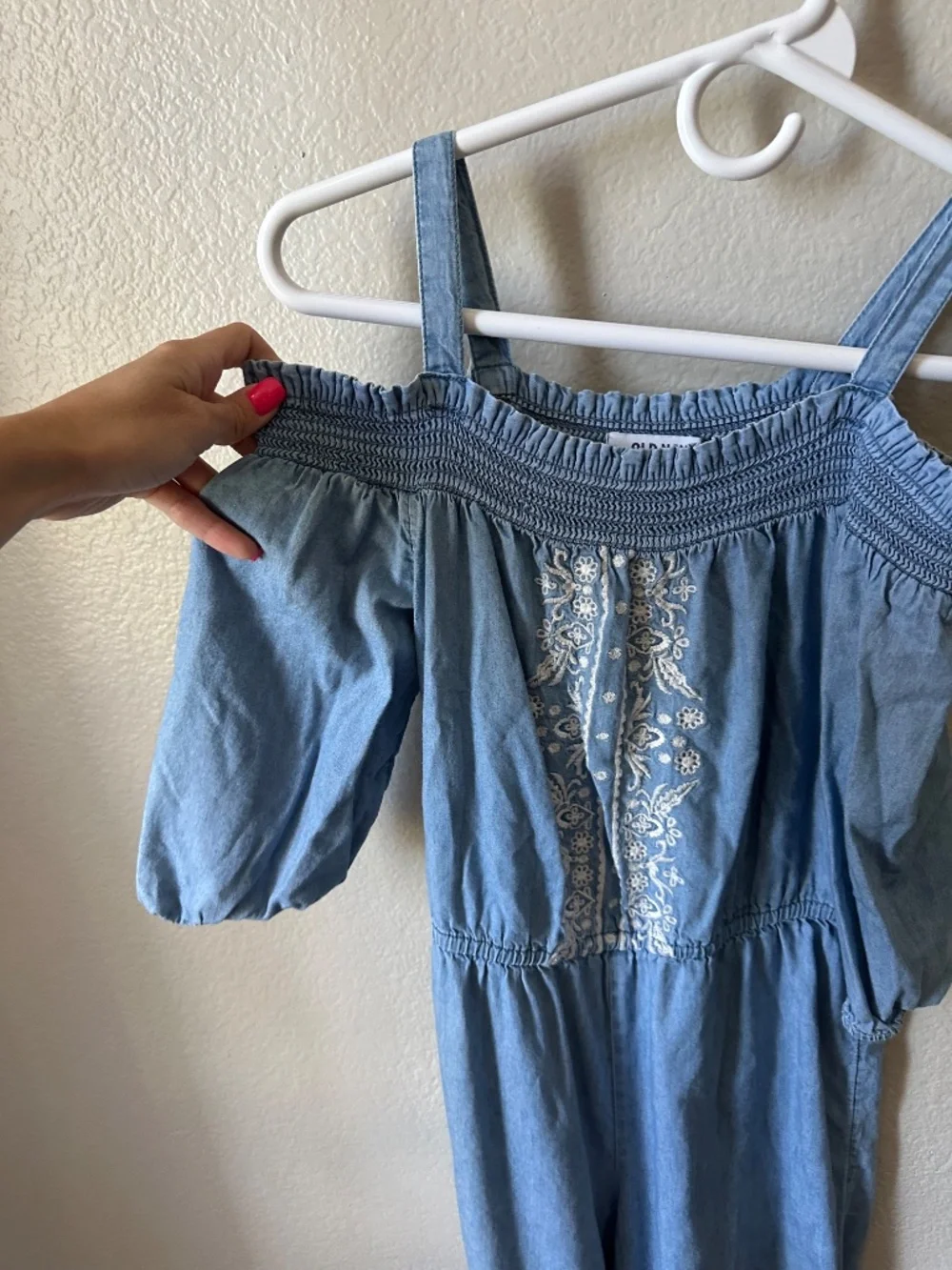 Old Navy Light Blue Embroidered Cold-Shoulder Jumpsuit- Large (10/12)