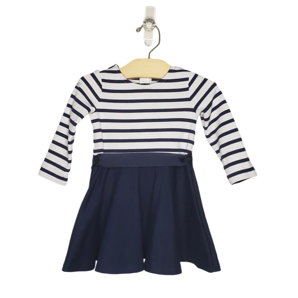Ralph Lauren 12 months Baby Girl Striped Long Sleeve Navy & White Dress