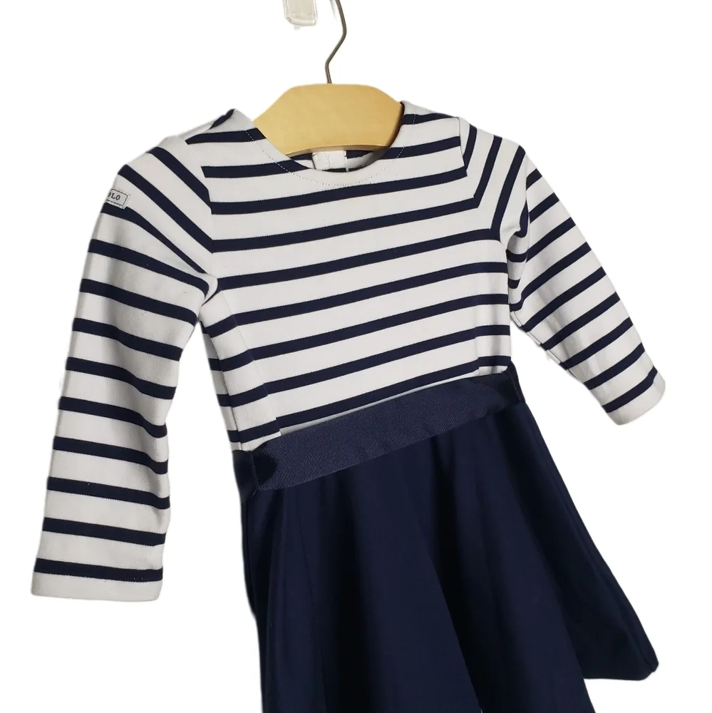 Ralph Lauren 12 months Baby Girl Striped Long Sleeve Navy & White Dress