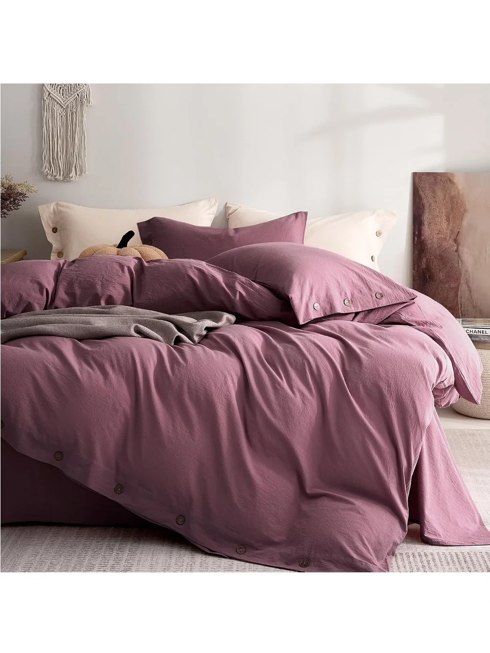 NEW JELLYMONI 100% Washed Cotton Deep Rose Duvet Cover Set, Linen-Like. Twin