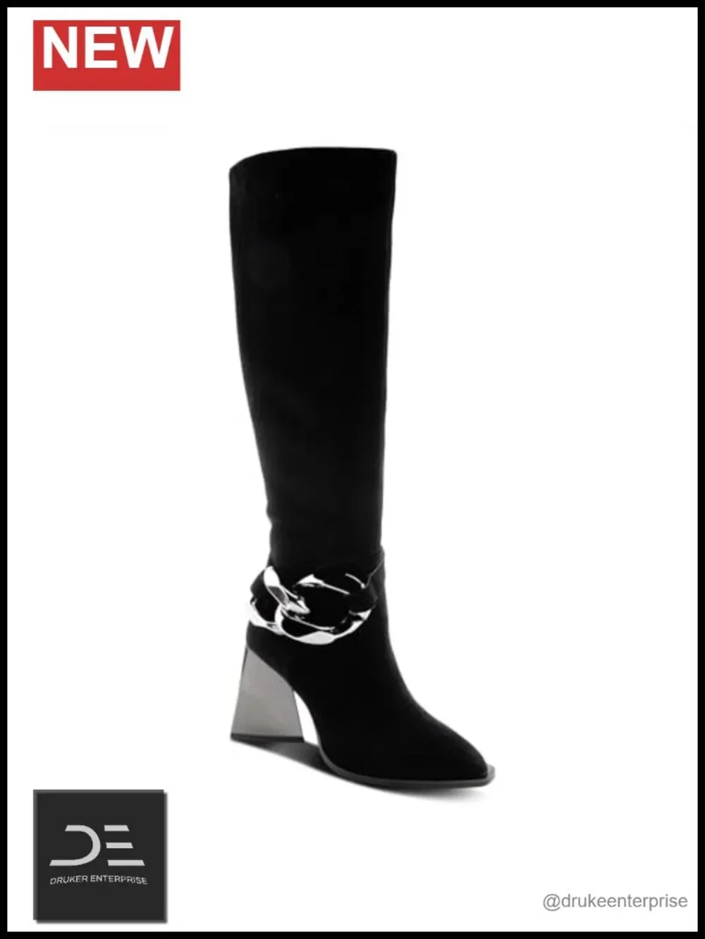 Vegan Microsuede Knee High Boots with Ankle Chains and Heel