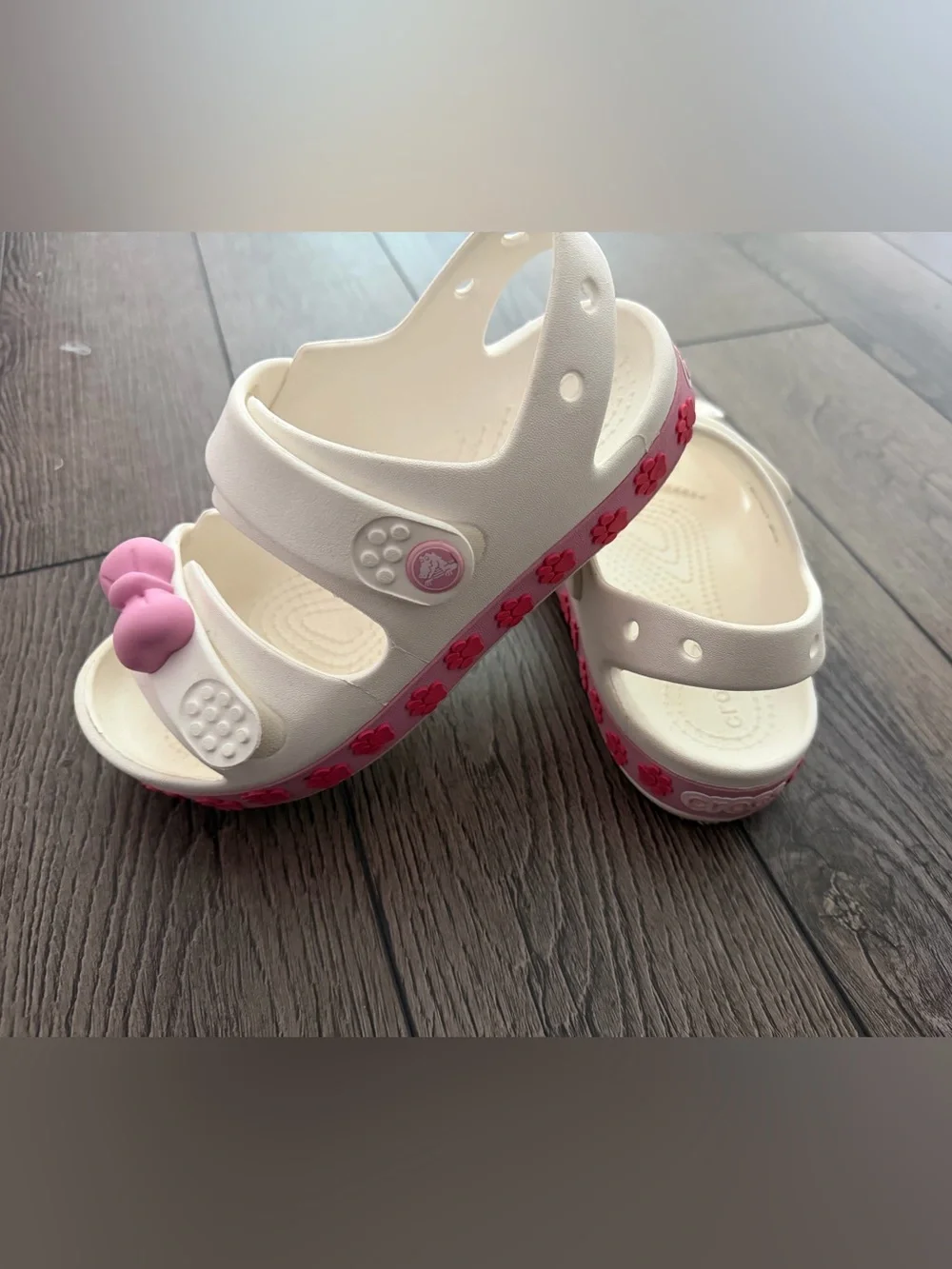 CROCS White Kids Sandals with Pink Bow and Paw-Trim