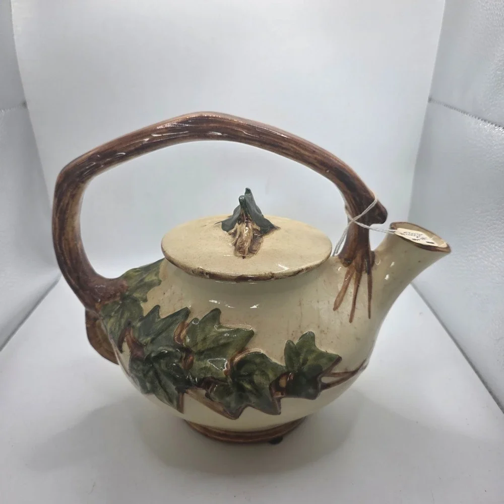 McCoy Pottery Ivy Teapot 1940s Raised Green Leaves Branch Handle w/ Lid
