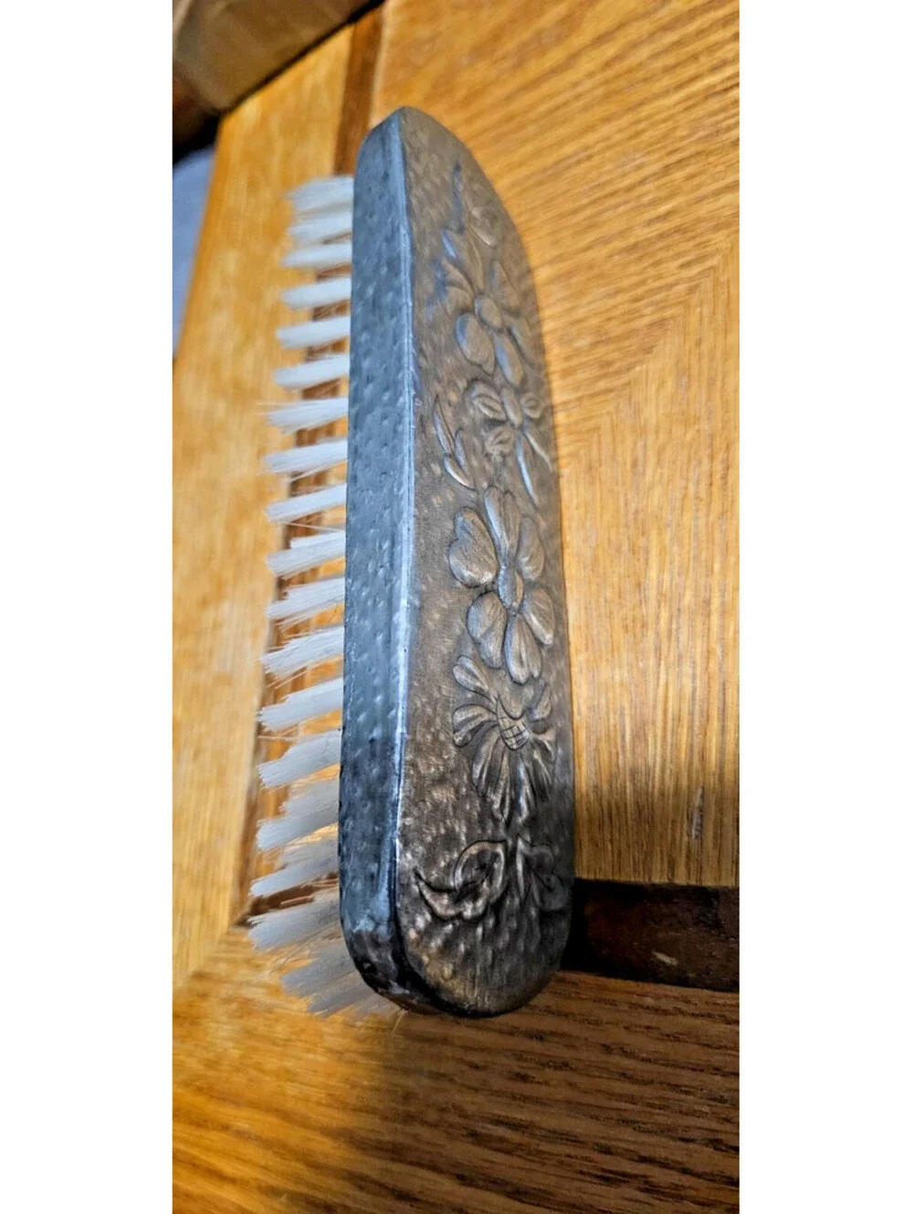 Vintage Ornate Brass-Backed Clothes Brush w/ Floral Design, Bristle Brush 7x2
