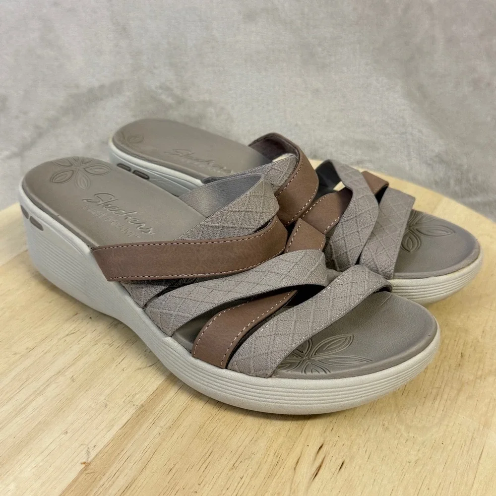 Skechers Luxe Foam Womens Brown Grey Multi Strap Wedge Slide Sandals Size 8