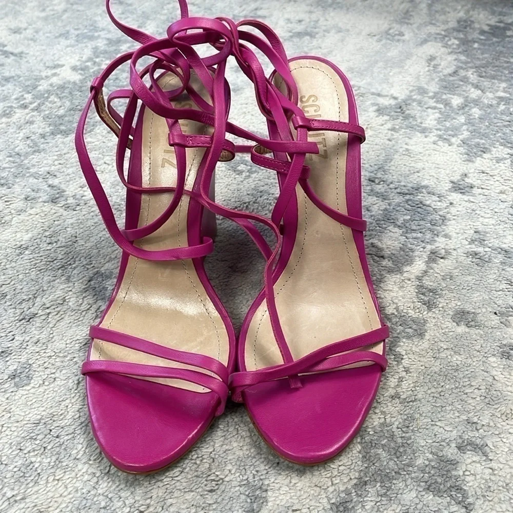 New Schutz Deonne Casual Nappa Leather Sandal Fuchsia Pink Wedge Wrap Sz 7