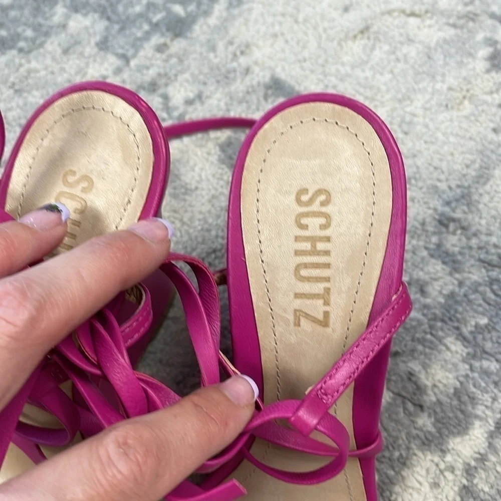 New Schutz Deonne Casual Nappa Leather Sandal Fuchsia Pink Wedge Wrap Sz 7