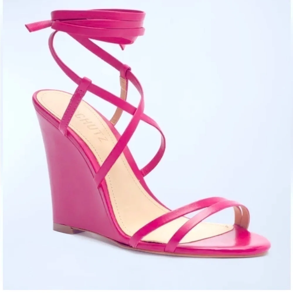 New Schutz Deonne Casual Nappa Leather Sandal Fuchsia Pink Wedge Wrap Sz 7