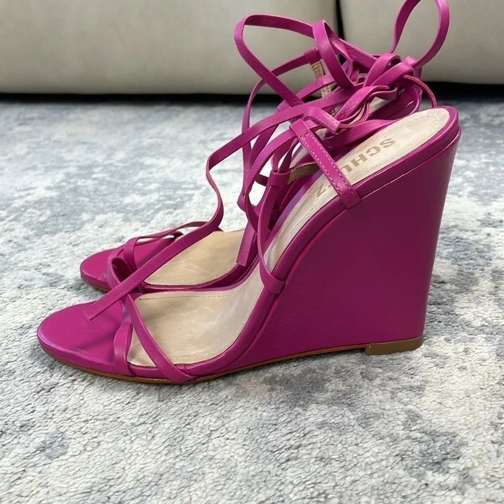 New Schutz Deonne Casual Nappa Leather Sandal Fuchsia Pink Wedge Wrap Sz 7