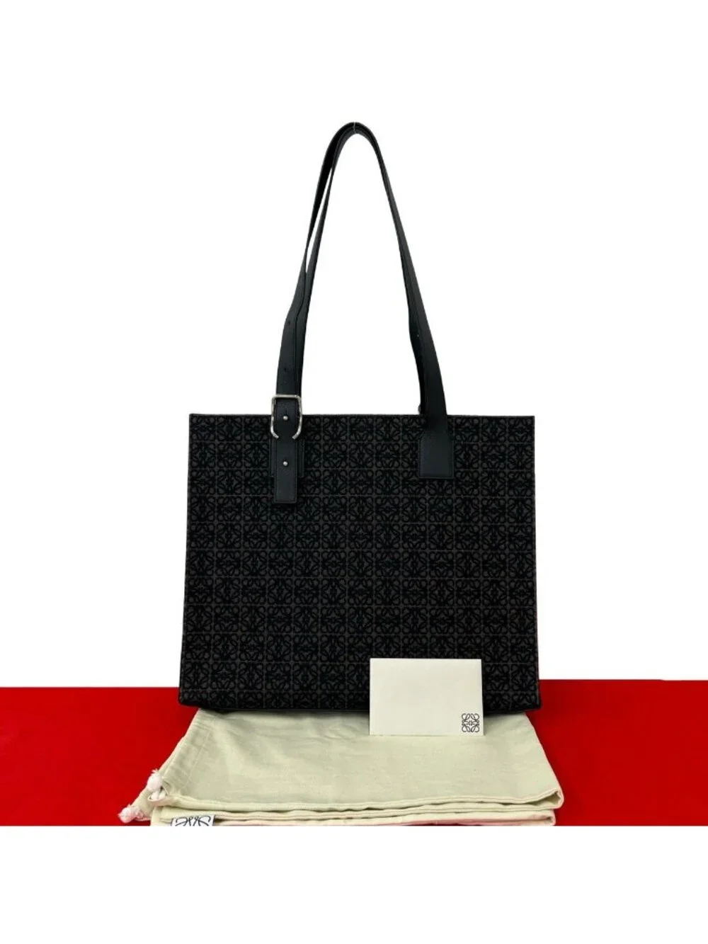 Loewe Buckle Horizontal Anagram All Over Print Canvas Leather Tote Bag Black