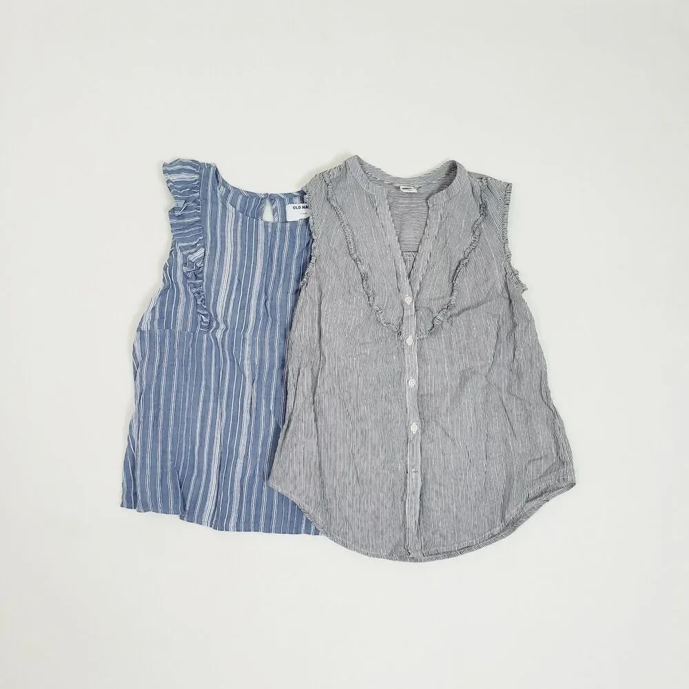 Bundle Old Navy Girls Blue Pinstipe Shirts 14/16 Ruffles Sleeveless Cottagecore
