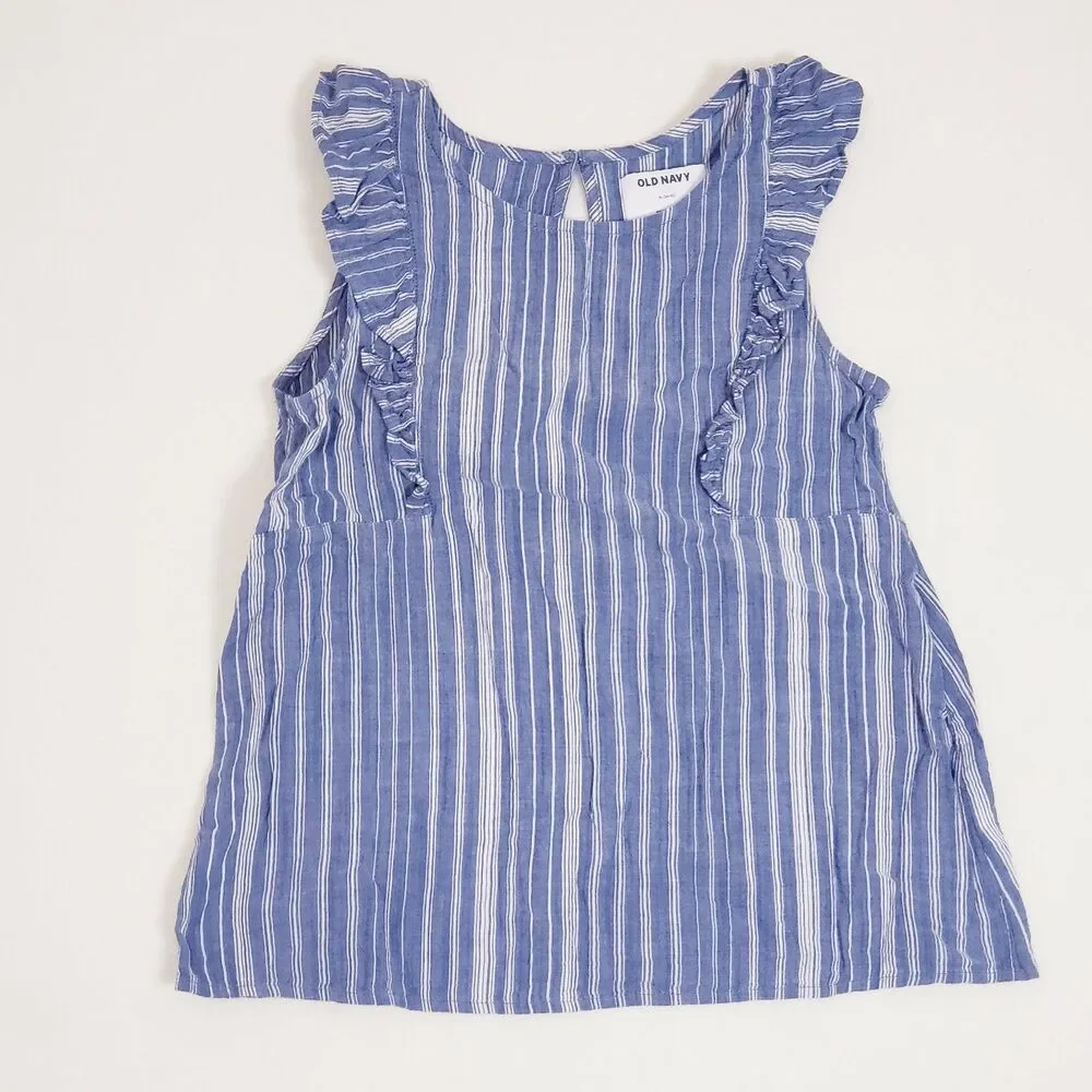 Bundle Old Navy Girls Blue Pinstipe Shirts 14/16 Ruffles Sleeveless Cottagecore