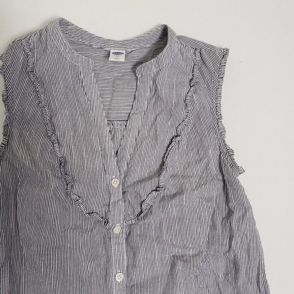 Bundle Old Navy Girls Blue Pinstipe Shirts 14/16 Ruffles Sleeveless Cottagecore